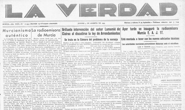 El diario La Verdad recogía la noticia sobre la inauguración de Radio Murcia el 2 de agosto de 1933