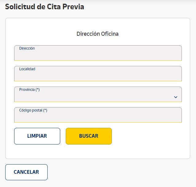 Formulario para solicitar la cita previa.