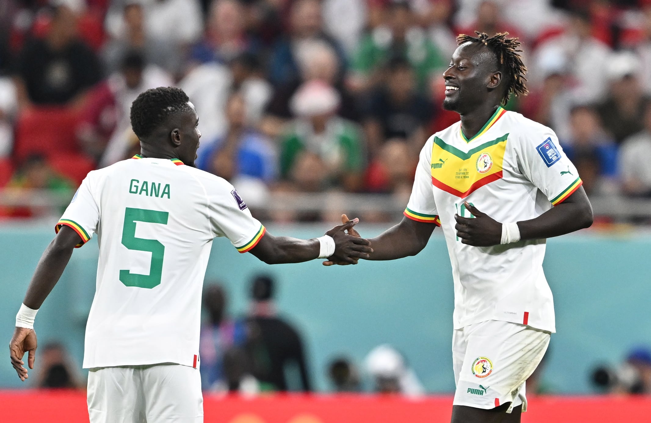 Famara Diedhiou celebrando un gol con su compañero Idrissa Gana en el encuentro ante Qatar