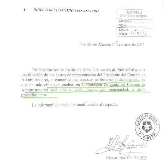 El director general de Telemadrid, Manuel Soriano, advierte al director financiero de la validez del procedimiento acordado por el Consejo de Administración para la justificación de gastos