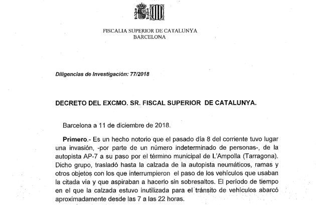 Documento | El escrito de la Fiscalía Superior de Cataluña.