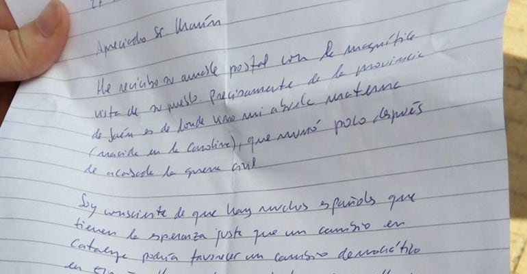 Carta que el ex presidente de Cataluña Carles Puigdemont ha enviado a un jiennense residente en Alemania.