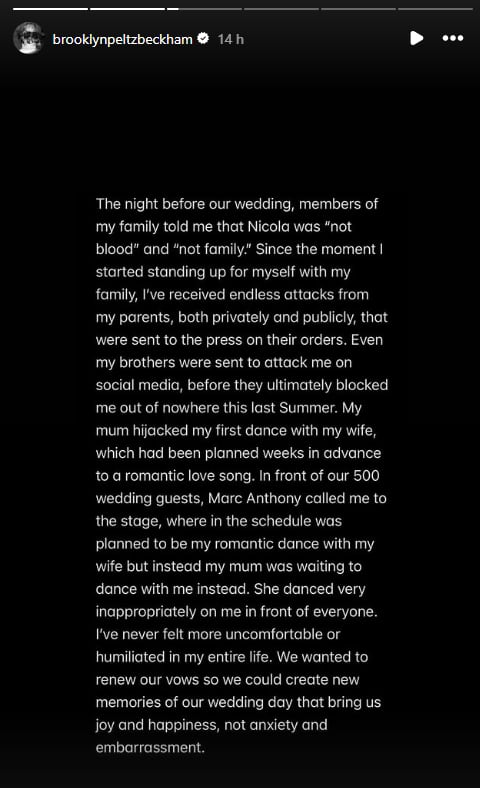 Brooklyn Beckham denuncia recibir "incesantes ataques" por parte de sus padres, tanto en el ámbito privado como en el público.