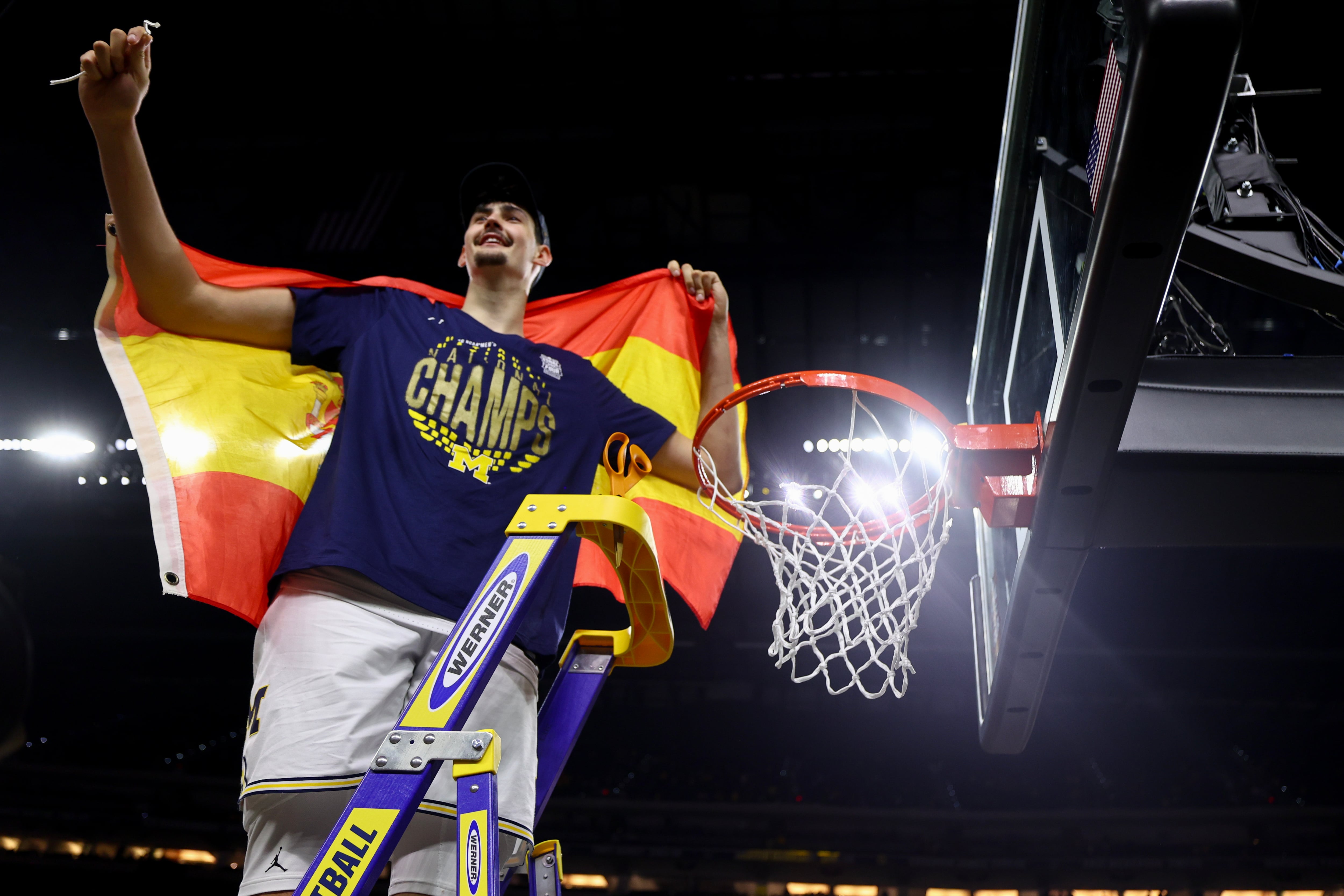 INDIANAPOLIS, INDIANA - APRIL 06: Aday Mara #15 of the Michigan Wolverines cuts the net after defeating the UConn Huskies in the National Championship of the 2026 NCAA Men's Basketball Tournament at Lucas Oil Stadium on April 06, 2026 in Indianapolis, Indiana. (Photo by Jamie Schwaberow/NCAA Photos via Getty Images)