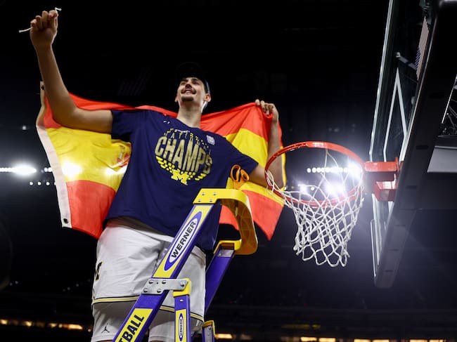 INDIANAPOLIS, INDIANA - APRIL 06: Aday Mara #15 of the Michigan Wolverines cuts the net after defeating the UConn Huskies in the National Championship of the 2026 NCAA Men's Basketball Tournament at Lucas Oil Stadium on April 06, 2026 in Indianapolis, Indiana. (Photo by Jamie Schwaberow/NCAA Photos via Getty Images)