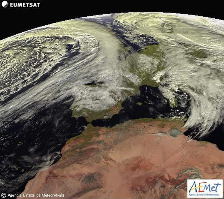 Imagen tomada por el satélite Meteosat para la Agencia Estatal de Meteorología que prevé precipitaciones persistentes en el oeste de Galicia