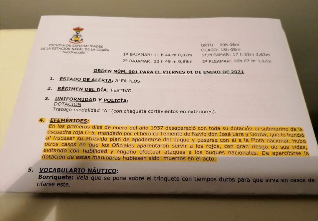 Orden del día 1 de enero de 2020 de la Escuela Naval de la Armada en Ferrol, que lleva en sus efemérides el hundimiento de un submarino de la &quot;escuadra roja&quot;