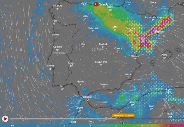 Las lluvias más copiosas se desplazan hacia Cataluña el miércoles.