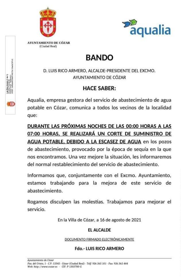 Bando municipal que ha publicado el Ayuntamiento de Cózar con motivo de los cortes nocturnos de agua