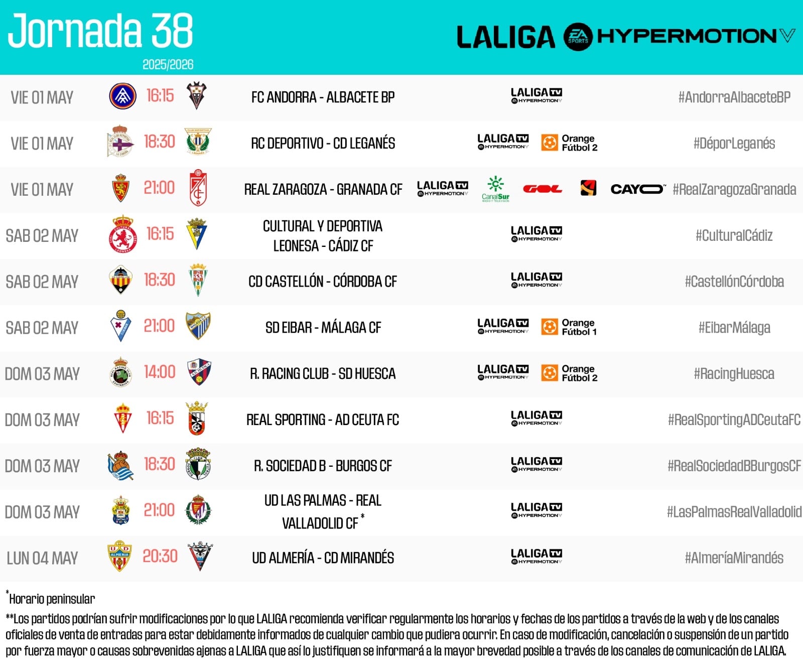 Horarios de la jornada 38 de la Liga Hypermotion
