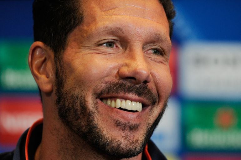 Simeone durante la rueda de prensa previa al enfrentamiento con el Bayern Munich esta noche en semifinales de la Champions