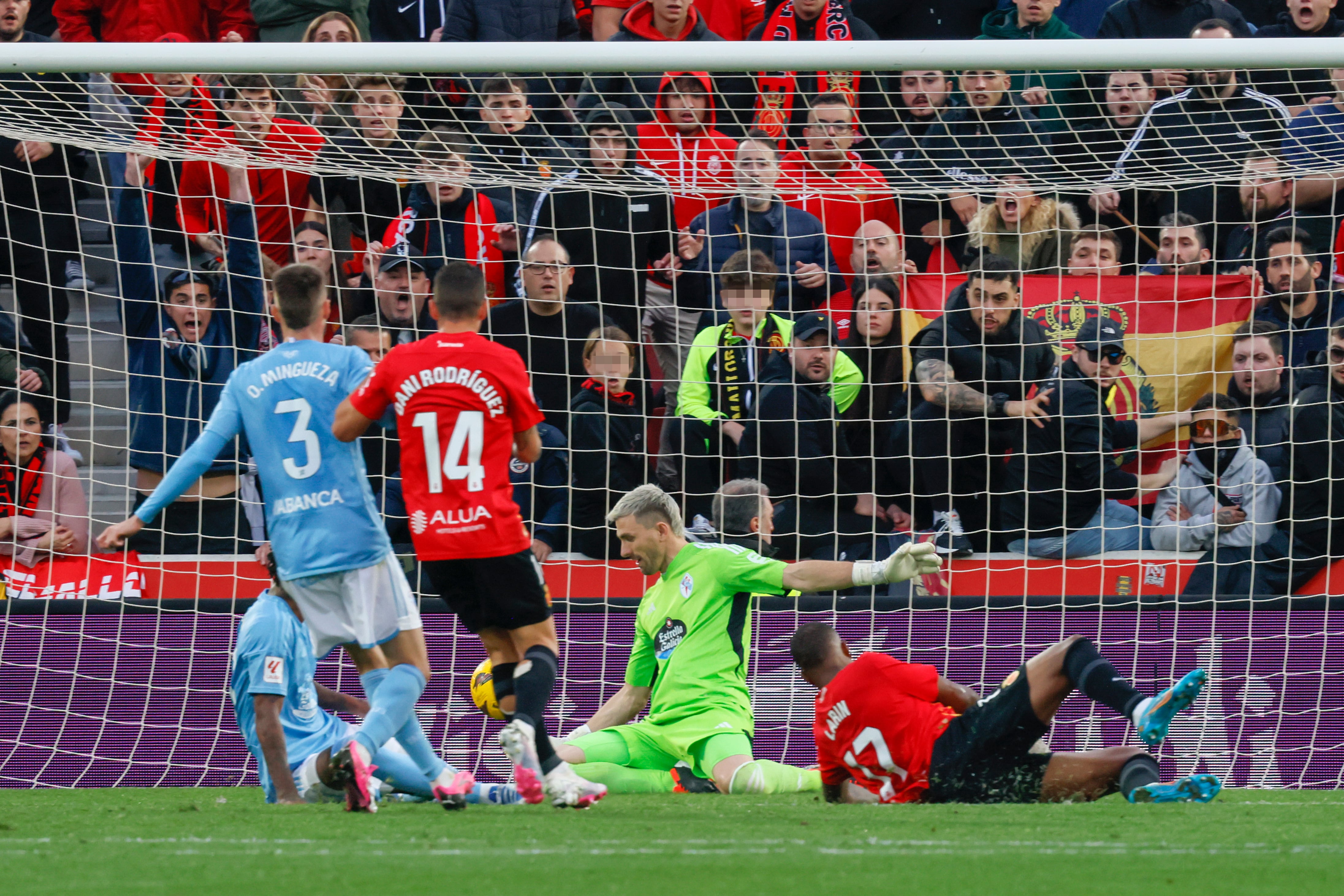 PALMA, 13/01/2024.- El delantero canadiense del Mallorca Cyle Larin (d) consigue el primer gol de su equipo durante el partido de LaLiga entre el Mallorca y el Celta que se disputa este sábado en el estadio de Son Moix. EFE/CATI CLADERA
