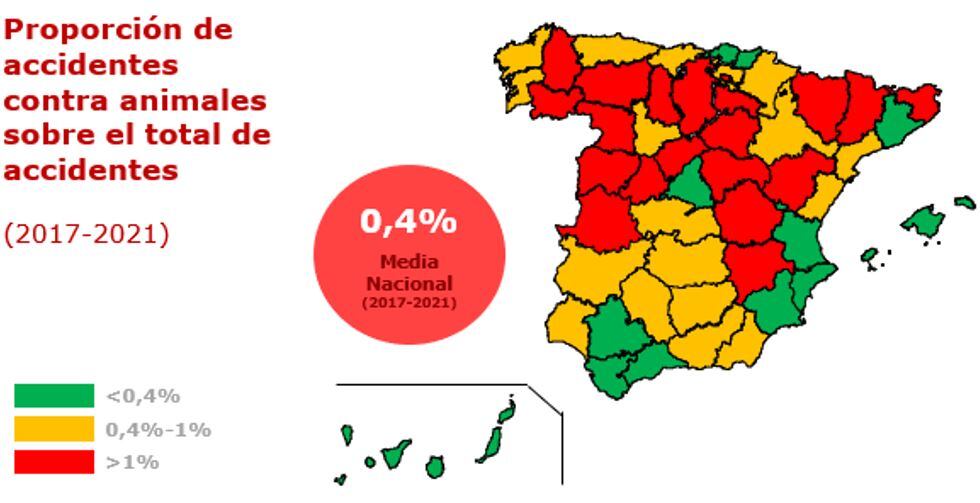 Mapa con las provincias que sufren más accidentes de tráfico contra animales