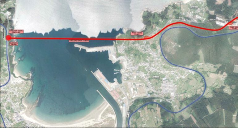 Plano con el trazado aproximado del puente sobre la ría de Viveiro facilitado por Infraestructuras.