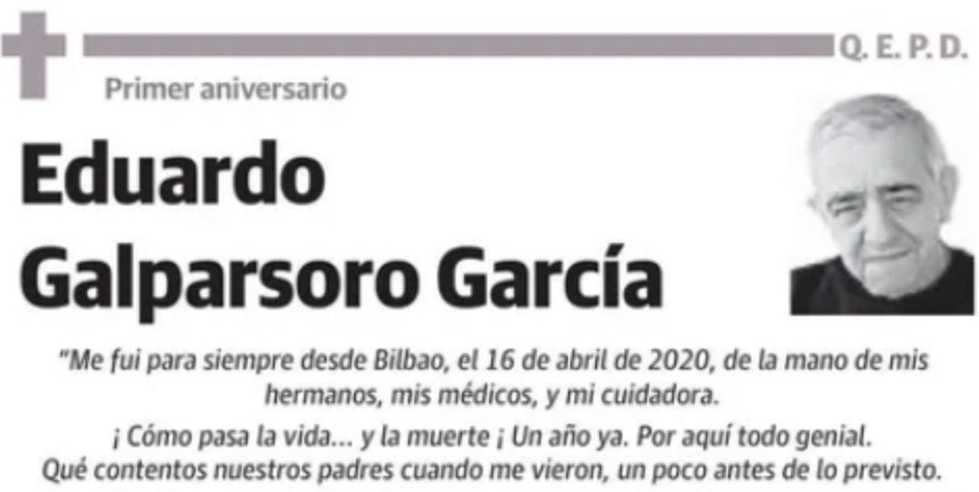 Esquela de Eduardo Galparsoro escrita por su hermano en el primer aniversario de su muerte.