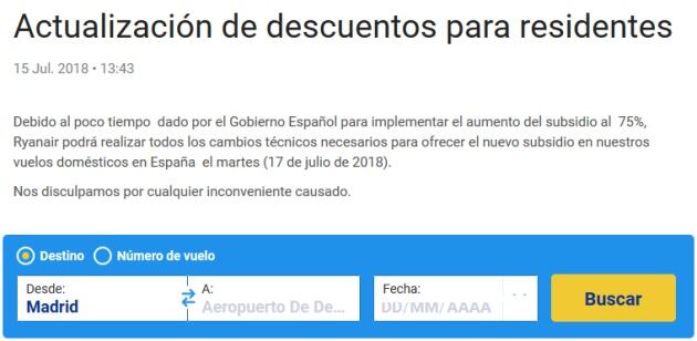 Esta es la captura de pantalla del comunicado oficial de Ryanair en su página web sobre la fecha en la que pueden iniciar la aplicación del 75% de descuento de residente