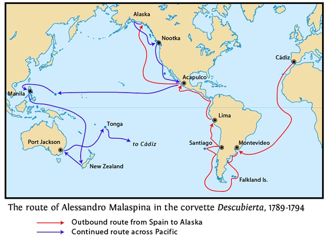 Aunque lleva el nombre de Malaspina fue una expedición encabezada por los marinos Alejandro Malaspina y José Bustamante.