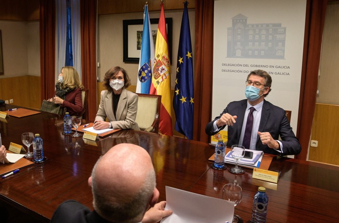 La vicepresidenta primera del Gobierno, Carmen Calvo, durante la reunión sobre el Pazo de Meirás, un día antes de la entrega de llaves al Estado, en A Coruña (España).