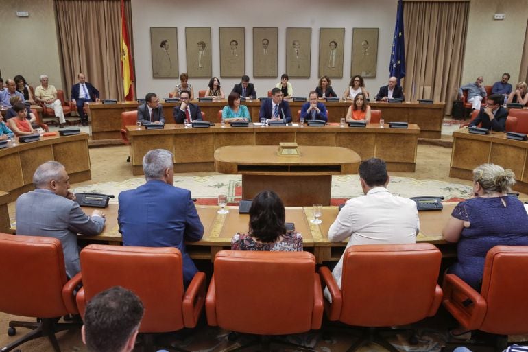 El secretario general del PSOE, Pedro Sánchez, ha presidido en el Congreso la reunión de los diputados y senadores electos de su partido