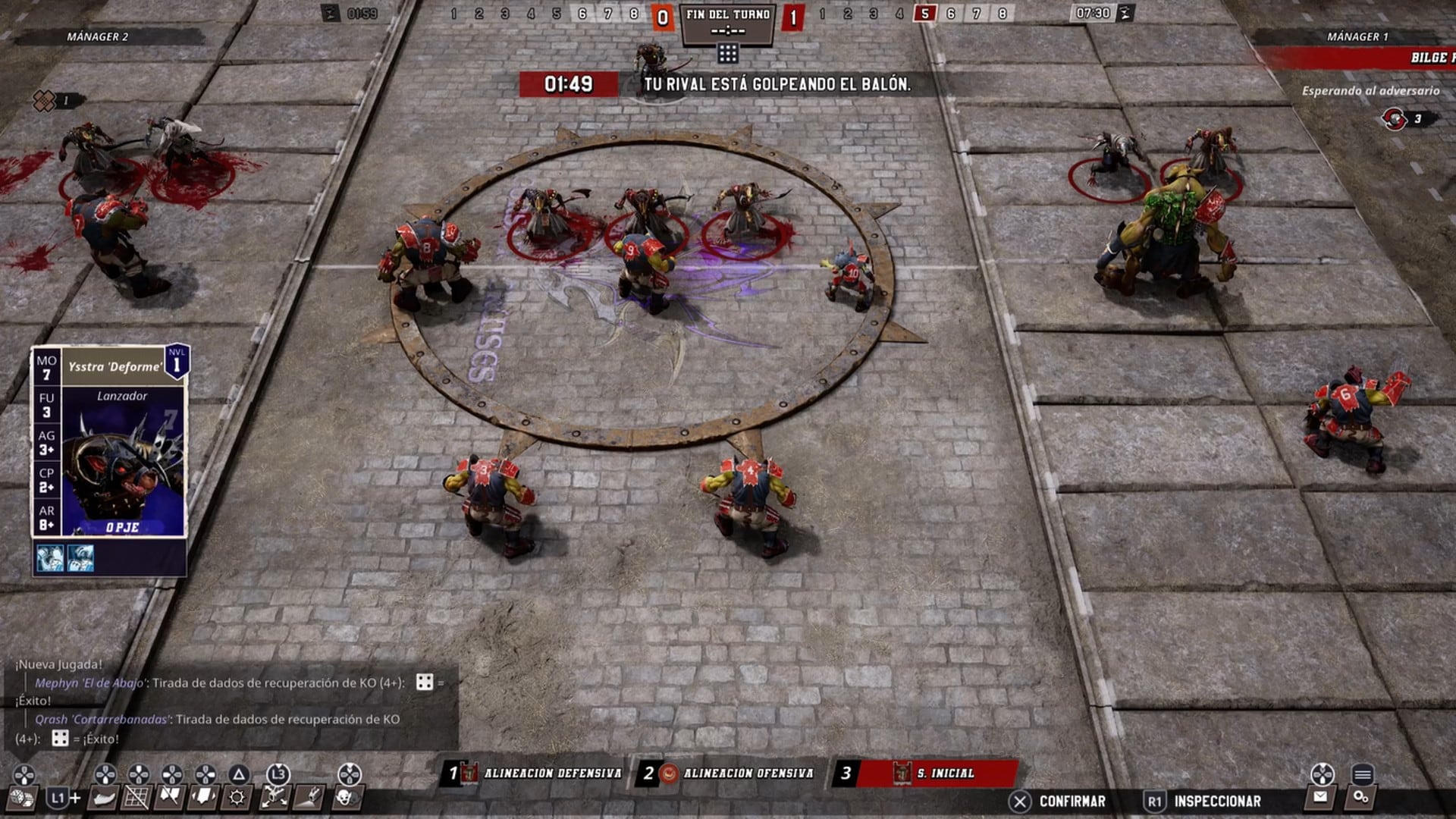 La vista superior de Blood Bowl 3 durante un partido entre orcos y skavens