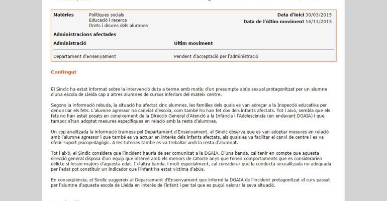 Imatge de la resolució del síndic de greuges sobre l'actuació que va obrir en tenir coneixement d'un cas de presumptes abusos en una escola de Lleida per part d'un alumne cap d'altres companys, de cursos inferiors