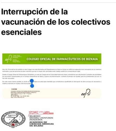 Correo enviado por el Colegio Farmaceútico de Bizkaia