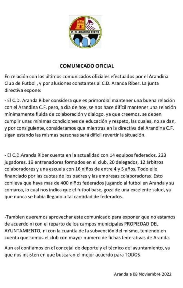 Comunidado del CD Aranda Riber del 8 de noviembre