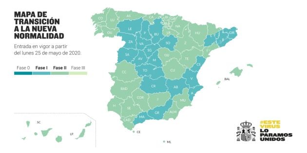 Mapa de la situación de cada provincia en la desescalada.