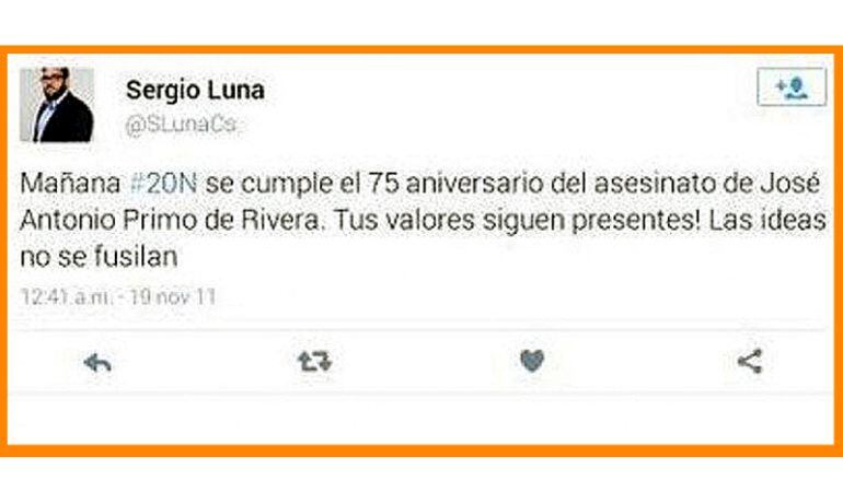 Foto del tweet que ha provocado la dimisión del concejal de Ciudadanos en Soto del Real, Sergio Luna. El tweet se publicó en 2011, un día antes del 75 aniversario de Primo de Rivera.