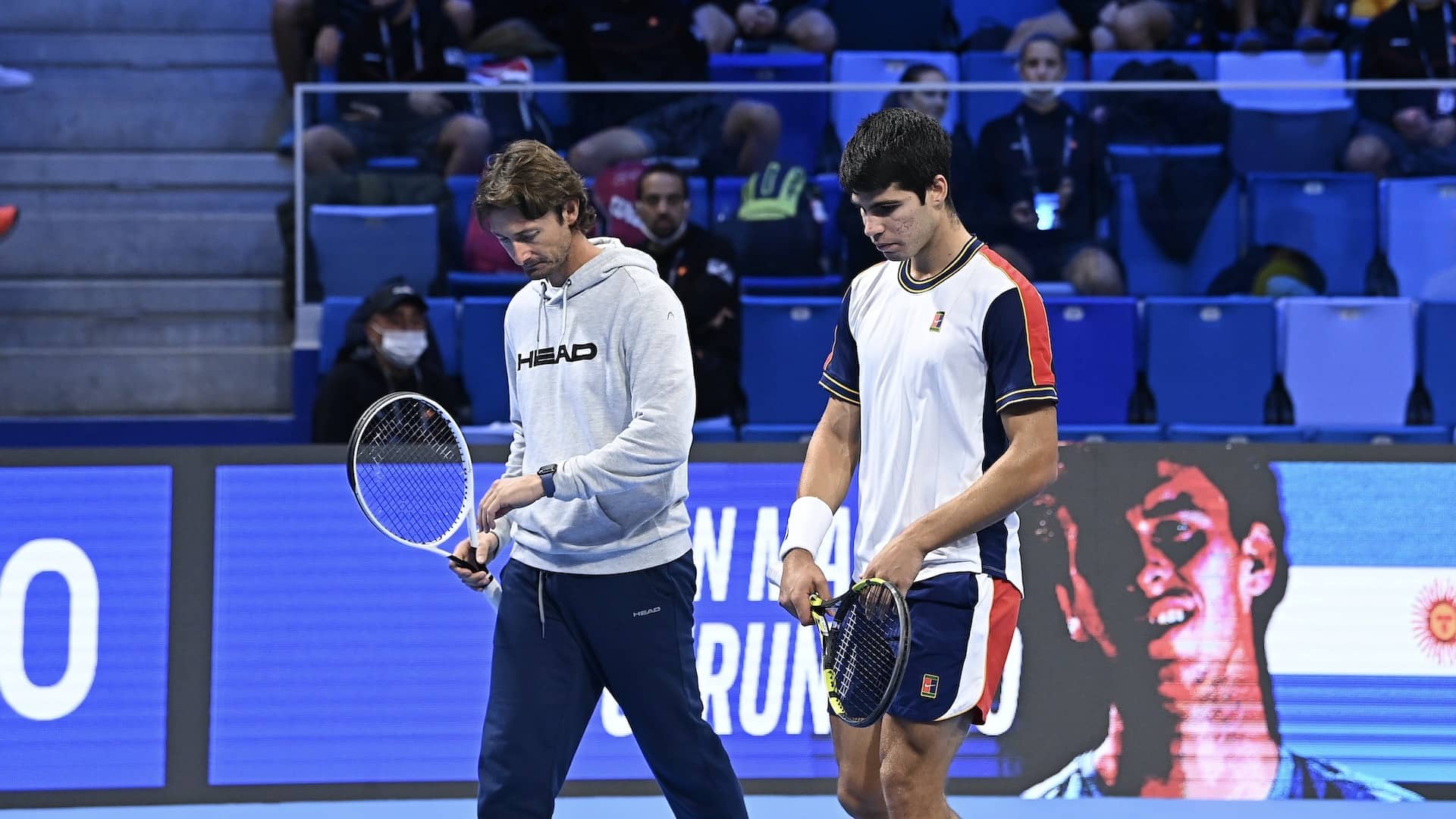 MILAN, ITALY - November 8: Carlos Alcaraz of Spain with his coach, Carlos Ferrero, and team at practice at the Intesa Sanpaolo Next Gen ATP Finals at Allianz Cloud Stadium on November 8, 2021 in Milan, Italy (Photo by Peter Staples/ATP Tour)