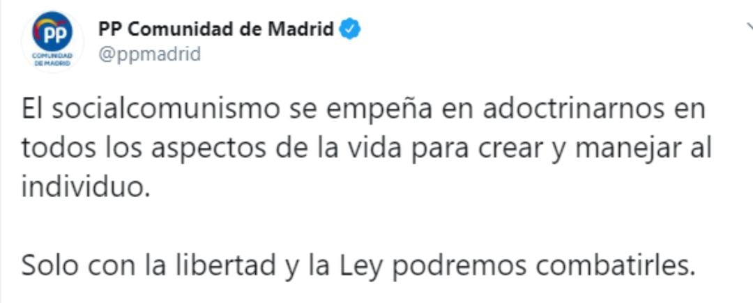 Captura del tuit que ha puesto el PP de la Comunidad de Madrid.