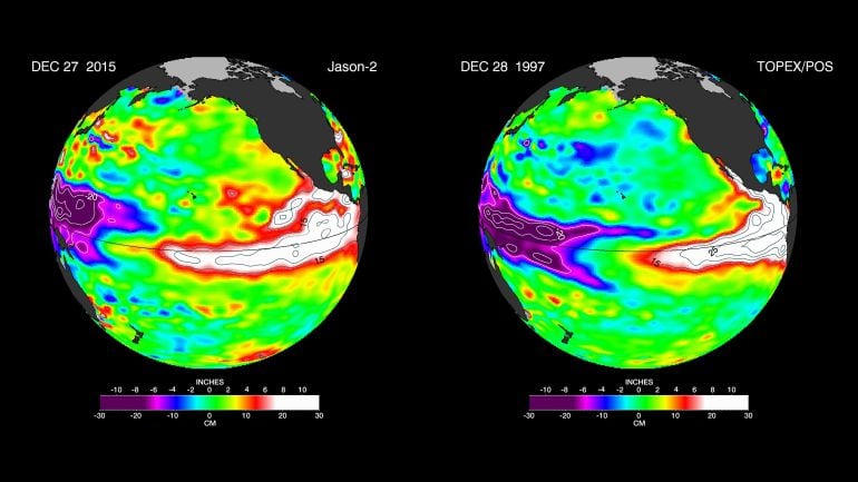 Imagen tomada por el satélite Jason-2 de la NASA que muestra la formación del fenómeno de El Niño en el año 2015 y lo compara con el máximo histórico que registró esta corriente oceánica en el año 1997 y que fue recogido por otra imagen del satélite Topex