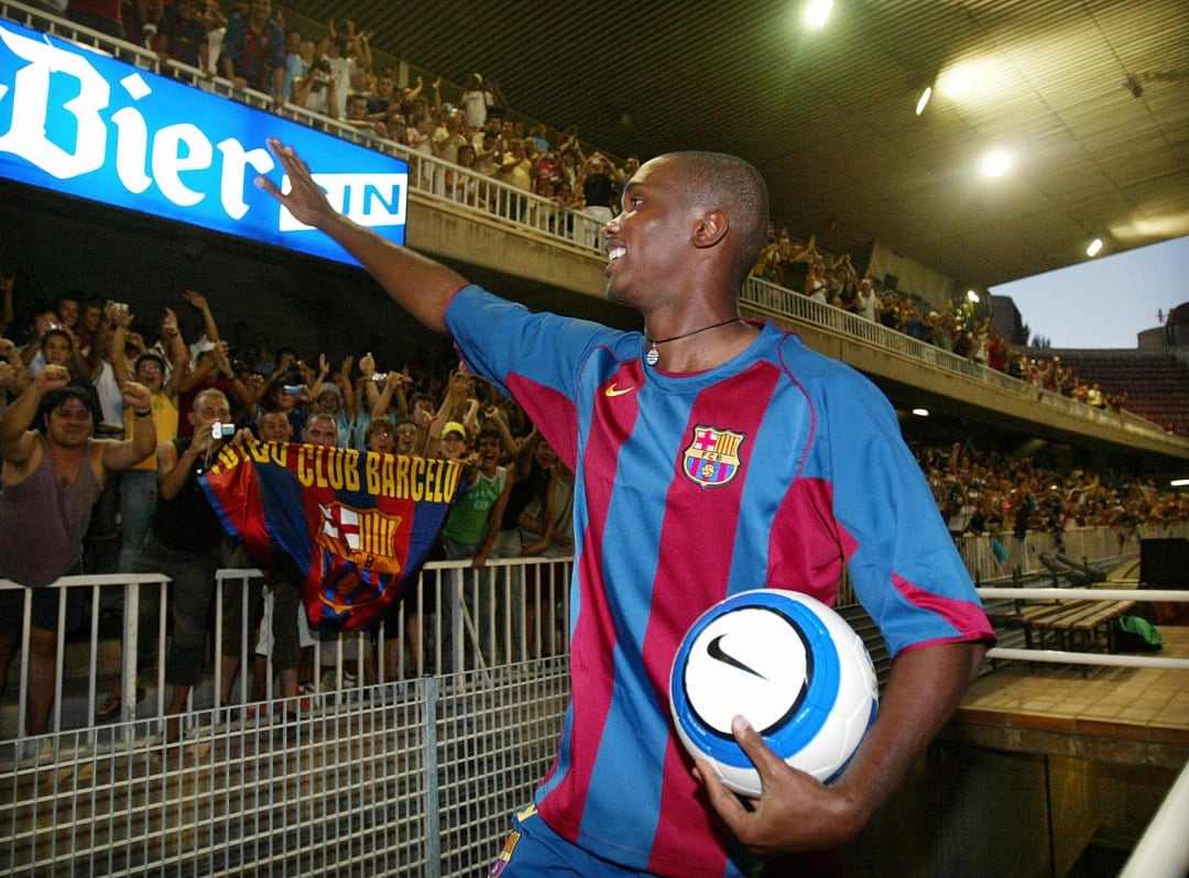 Samuel Eto&#039; en su presentación como jugador del FC Barcelona