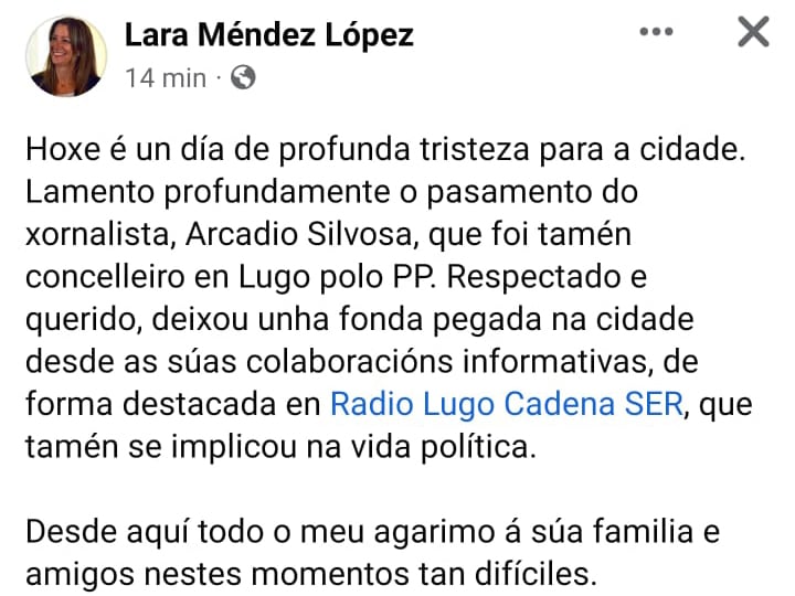 Lara Méndez sobre el fallecimiento de Arcadio Silvosa, a través de su perfil de Facebook