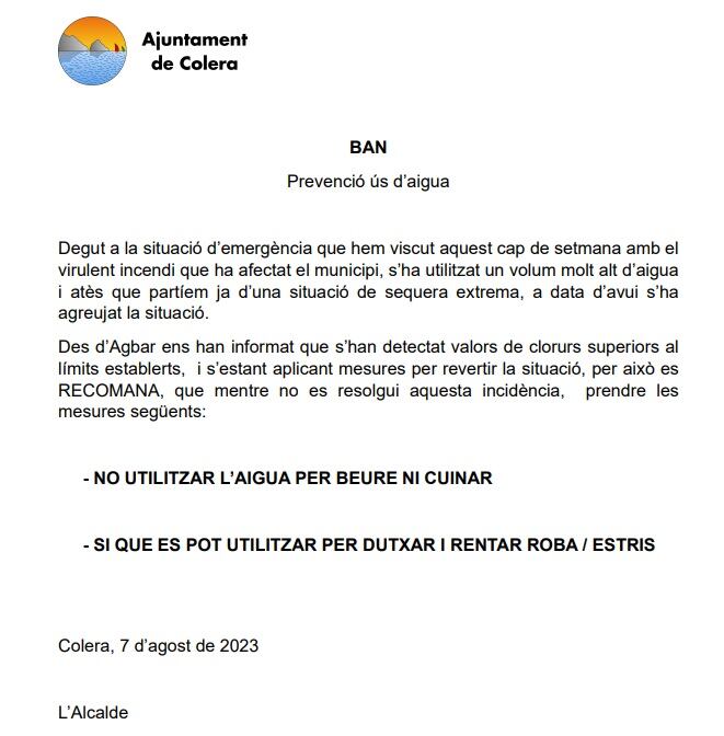 El Ban de l'Ajuntament on es recomana no beure aigua de l'aixeta.
