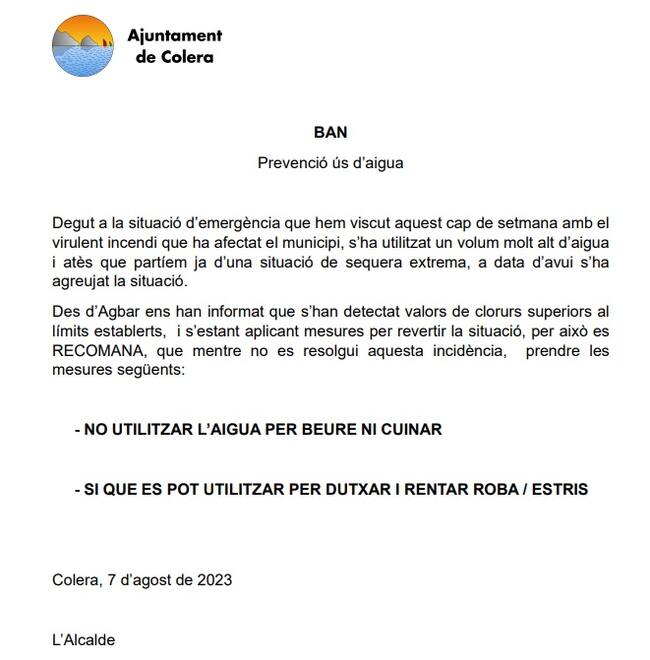 El Ban de l'Ajuntament on es recomana no beure aigua de l'aixeta.