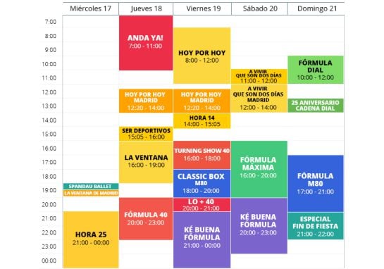 Horarios de la radio en la calle del 17 al 21 de junio.