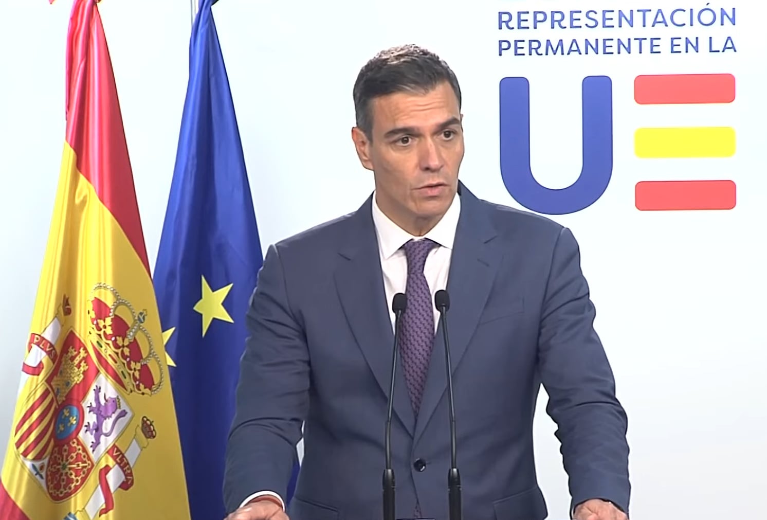 Pedro Sánchez durante su intervención tras el Consejo Europeo