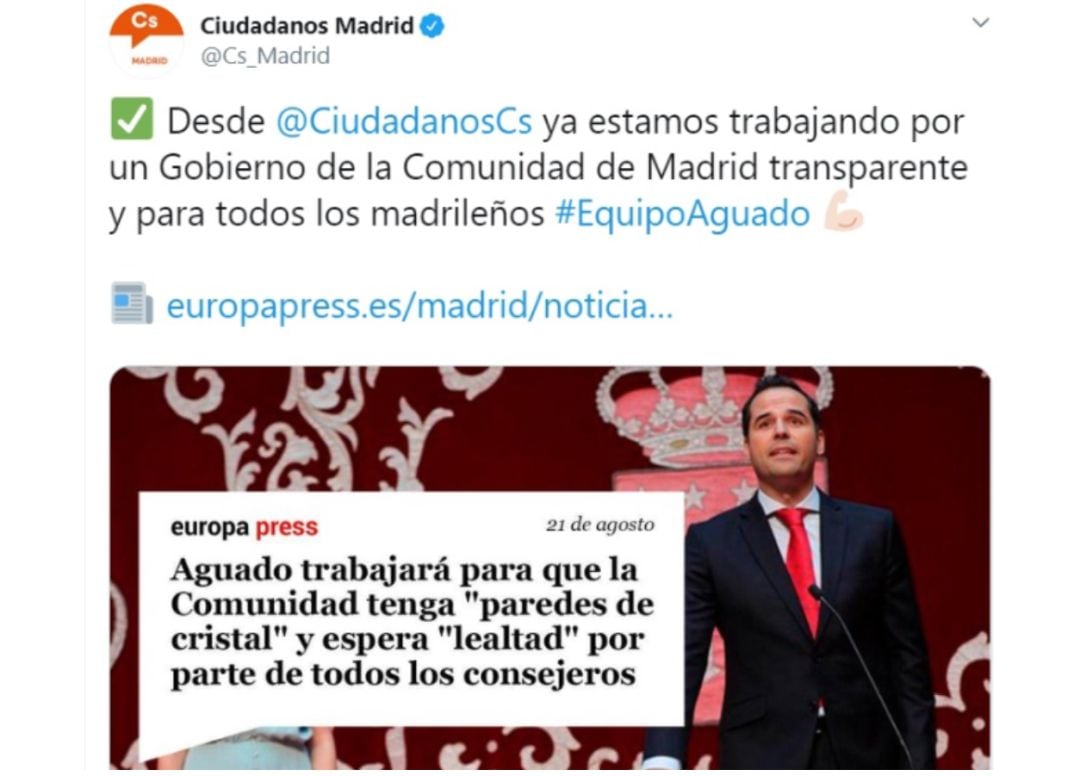 Captura de la campaña de Cs #EquipoAguado donde tapan la imagen de la Presidenta madrileña