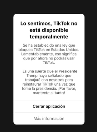 Mensaje de TikTok a sus usuarios en EEUU.