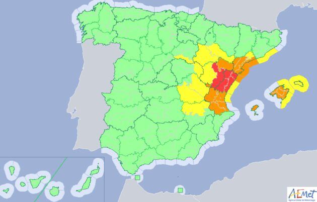 El este de Teruel y Castellón son las provincias en alerta roja este viernes.