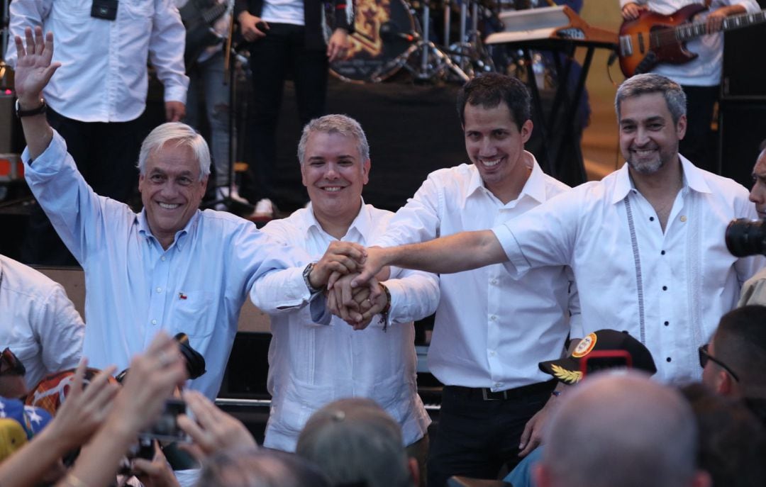 El presidente de Chile, Sebastián Piñera; el presidente de Colombia, Iván Duque; el jefe del Parlamento venezolano, Juan Guaidó; el presidente de Paraguay, Mario Abdo Benitez, participan en el concierto por Venezuela en Cúcuta (Colombia)