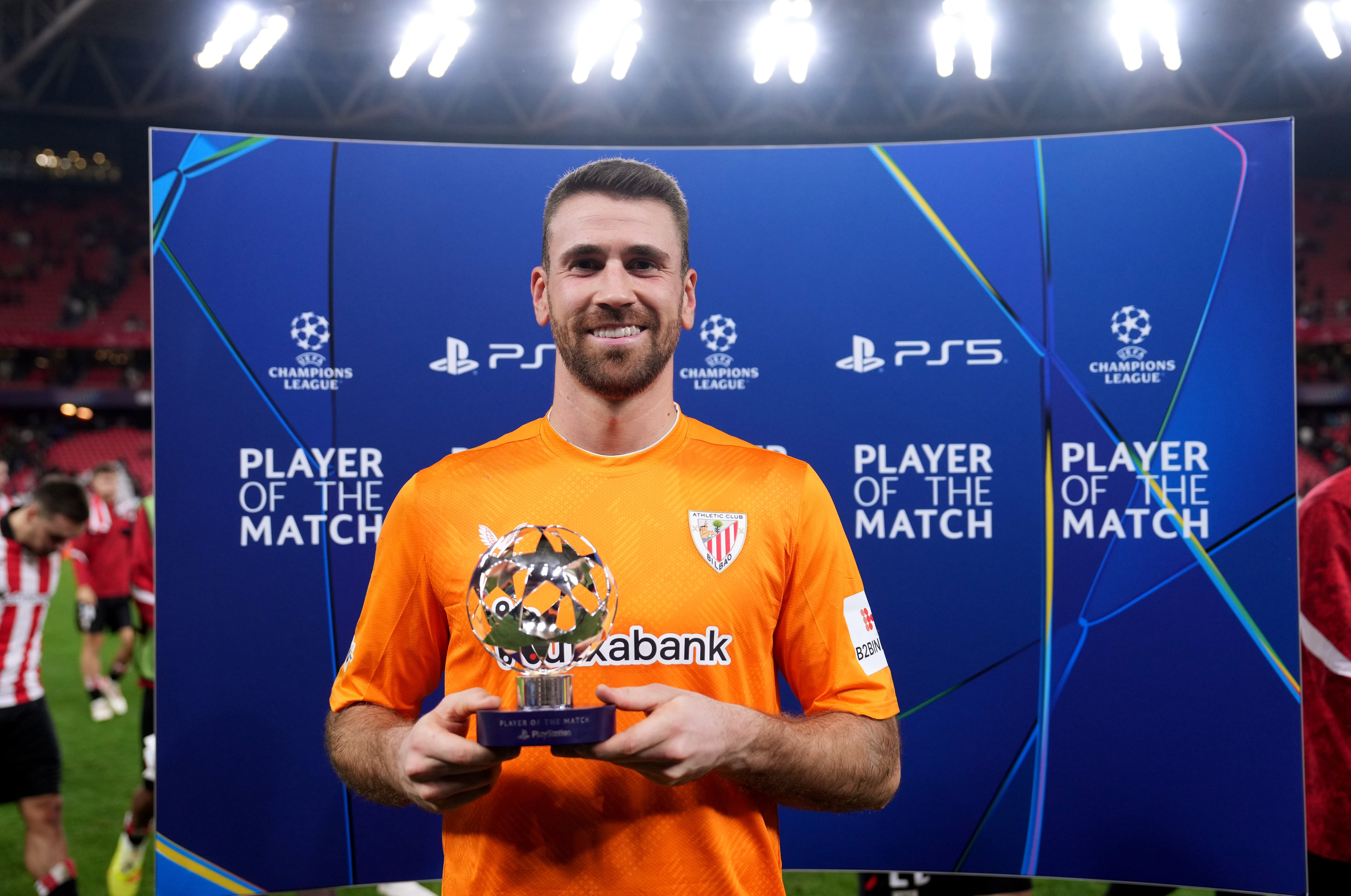 BILBAO, SPAIN - DECEMBER 10: Unai Simon of Athletic Club poses for a photo with the PlayStation Player Of The Match award
