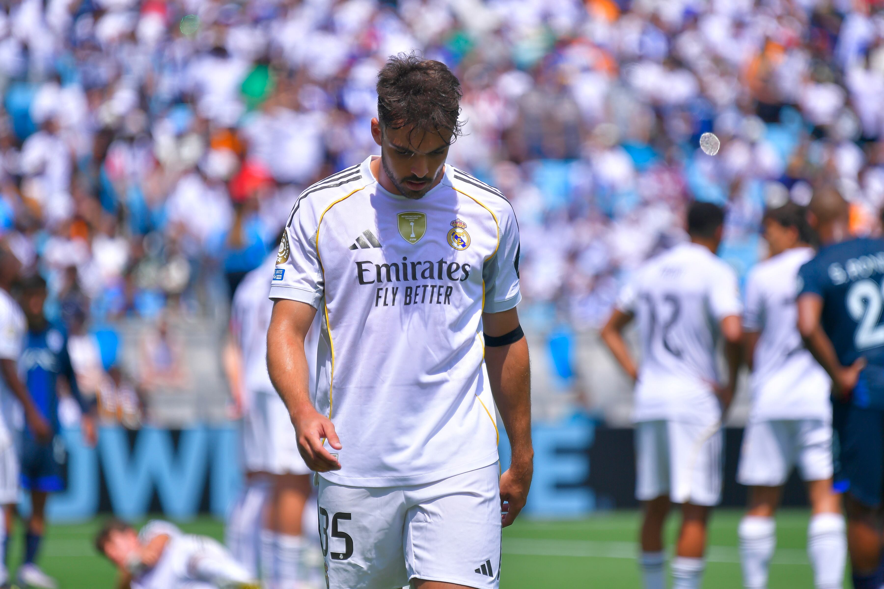 CHARLOTTE, NORTH CAROLINA - JUNE 22: Raul Asencio of Real Madrid leaves the pitch after receiving a red card during the FIFA Club World Cup 2025 group H match between Real Madrid CF and CF Pachuca at Bank of America Stadium on June 22, 2025 in Charlotte, North Carolina. (Photo by Oscar Fuentes/Jam Media/Getty Images)