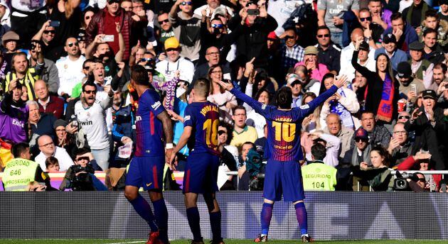 Messi celebra el gol de la victoria este año en el Bernabéu
