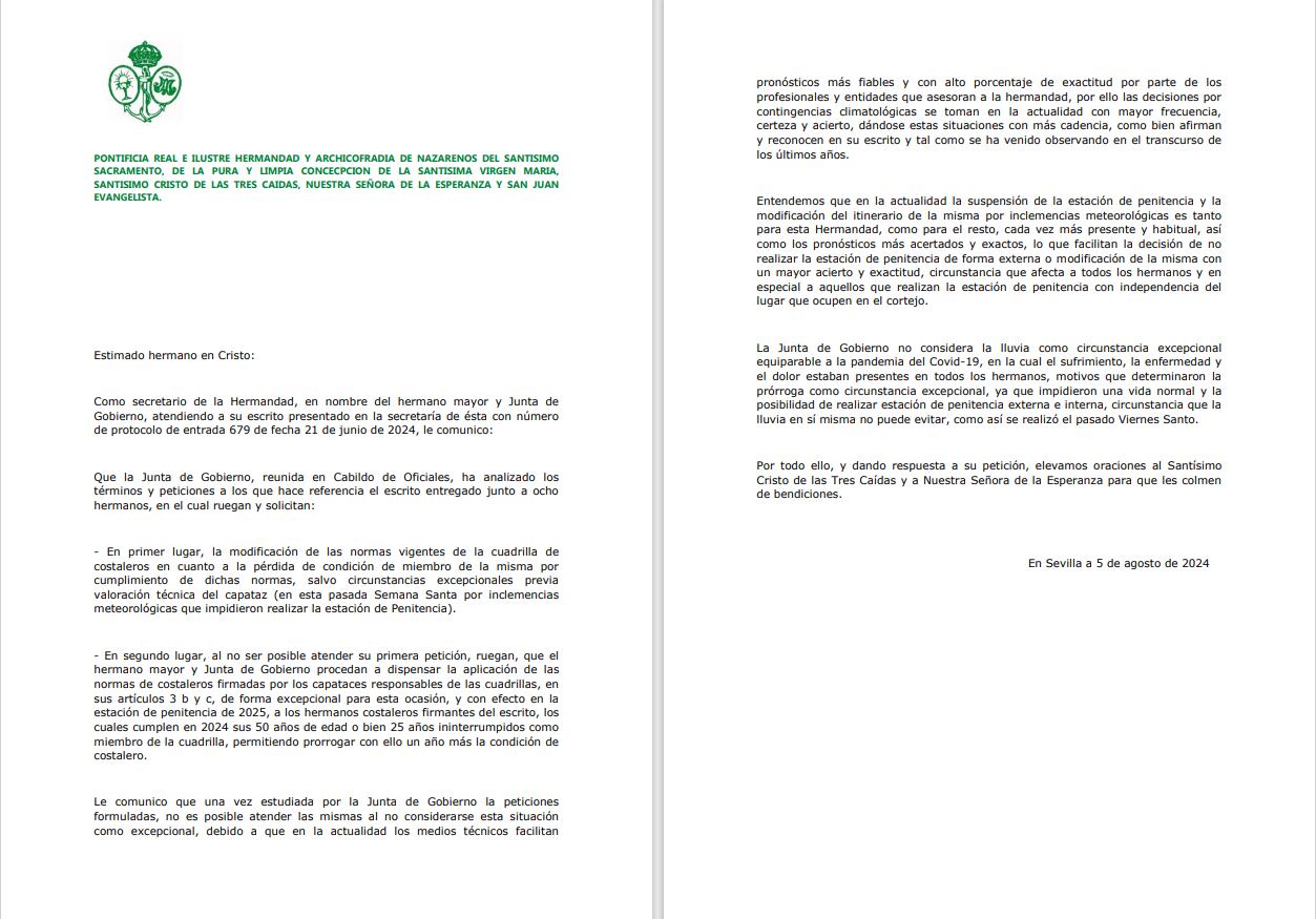 Respuesta de la Esperanza de Triana a la reclamación de sus hermanos costaleros