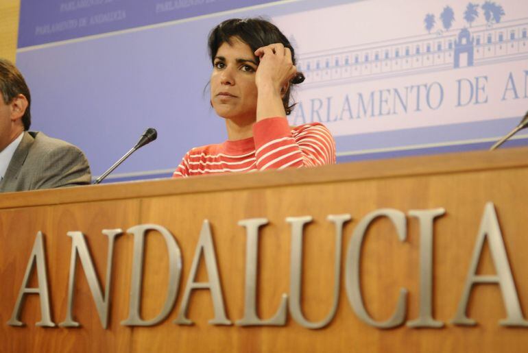 GRA132. SEVILLA, 29/04/2015.- La secretaria general de Podemos en Andalucía,Teresa Rodríguez, en rueda de prensa, ha exigido hoy al PSOE que no se use al Parlamento &quot;como rehén&quot; y &quot;mecanismo de presión&quot; sobre los partidos durante el periodo de negociaciones para la investidura de la candidata socialista, Susana Díaz. EFE/ Raúl Caro