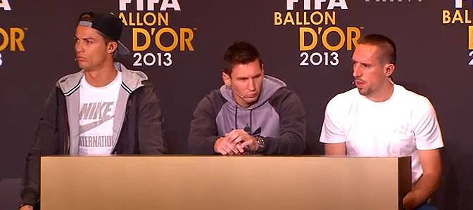 Cristiano Ronaldo, Messi y Ribéry, durante la rueda de prensa previa a la gala del Balón de Oro
