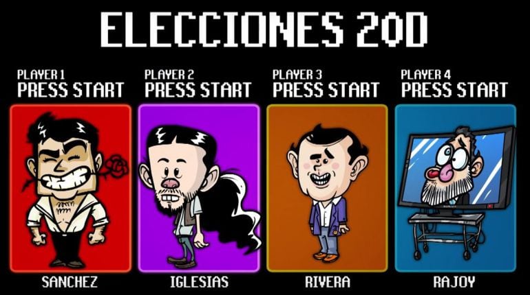 Caricaturas de los 4 candidatos en las elecciones generales: Pedro Sánchez, Pablo Iglesias, Albert Rivera y Mariano Rajoy.