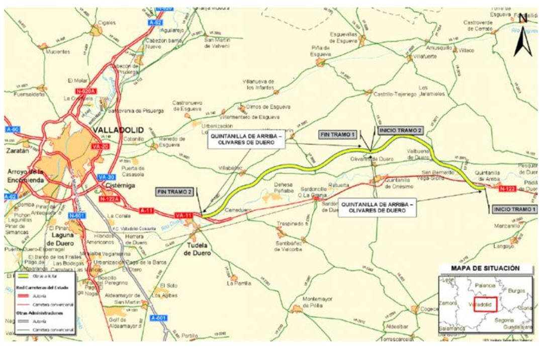 Mapa del trazado de los dos tramos de la A-11 enn Valadolid cuya licitación ha autorizado el Consejo de Ministros